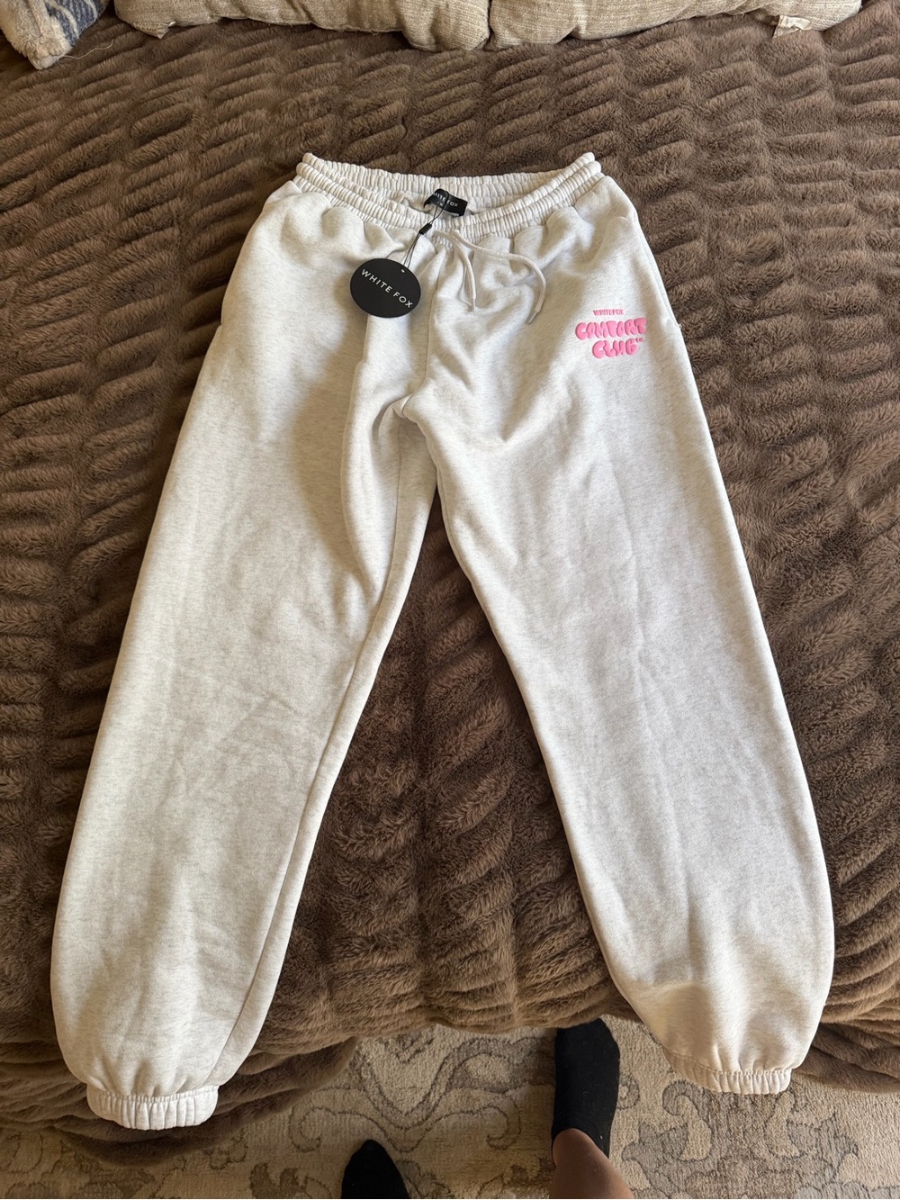White Fox Boutique Cream Sweatpants with Pink Logo Accent